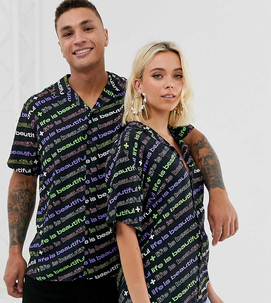 LIFE IS BEAUTIFUL unisex all over logo print revere shirt