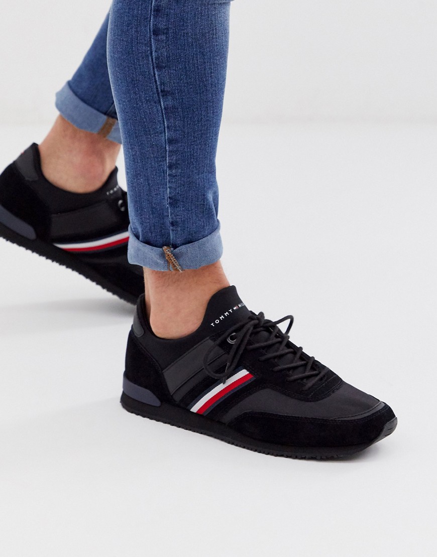 Tommy Hilfiger iconic logo leather suede mix runner trainer in black with icon flag logo stripe