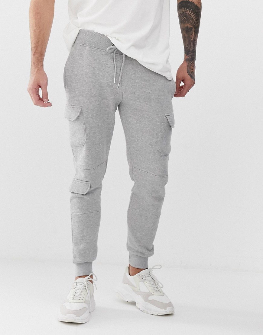 boohooMAN skinny fit cargo joggers in grey