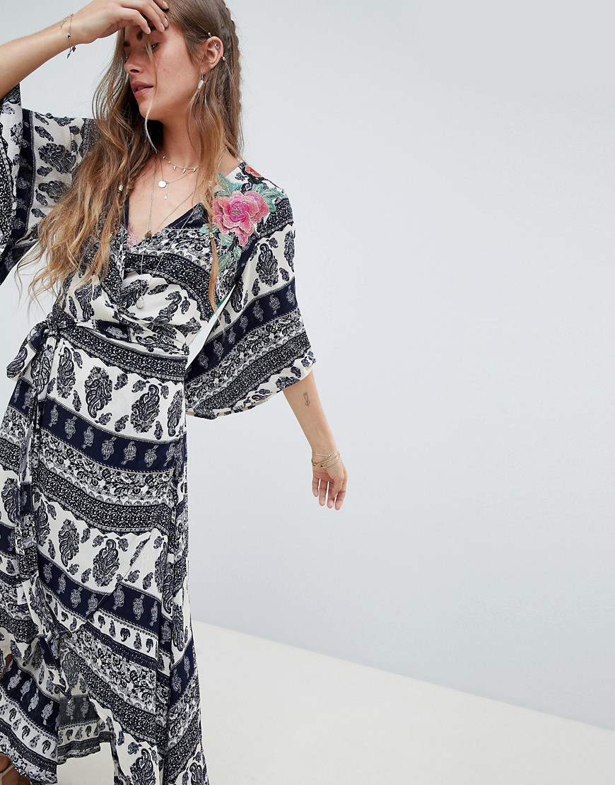 Aratta Flared Sleeve Wrap Maxi Dress In Paisley With Premium Embelishment