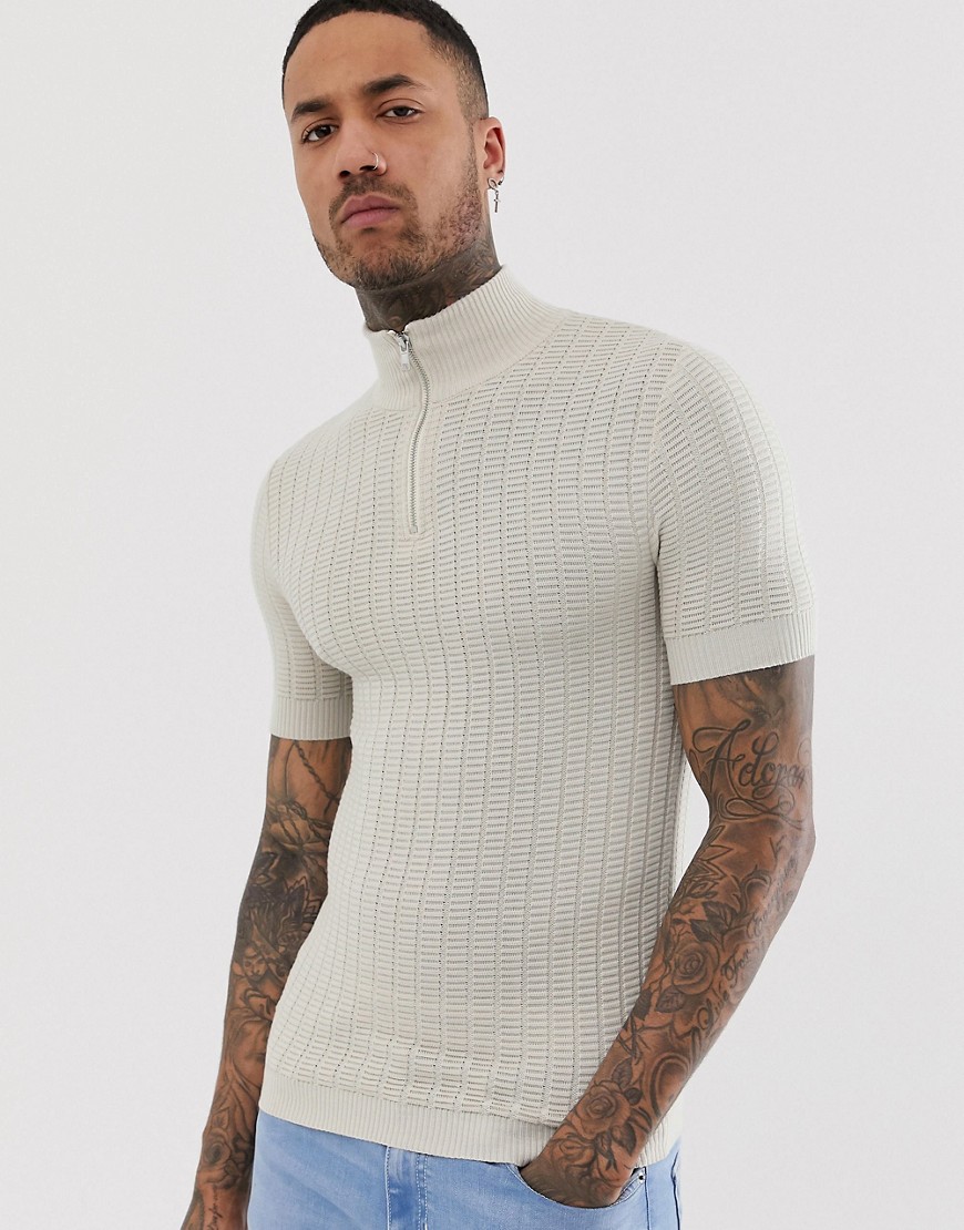 ASOS DESIGN knitted muscle fit textured half zip t-shirt in off white