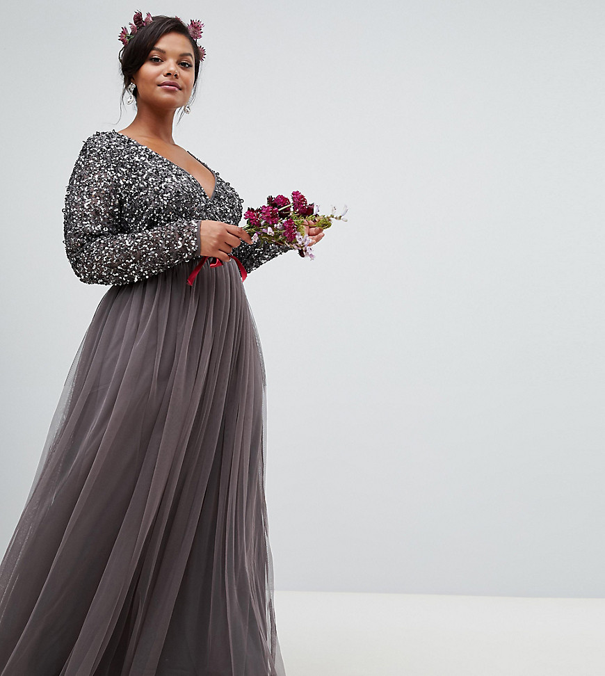 Maya Plus long sleeve wrap front maxi dress with delicate sequin and tulle skirt in charcoal - Charcoal