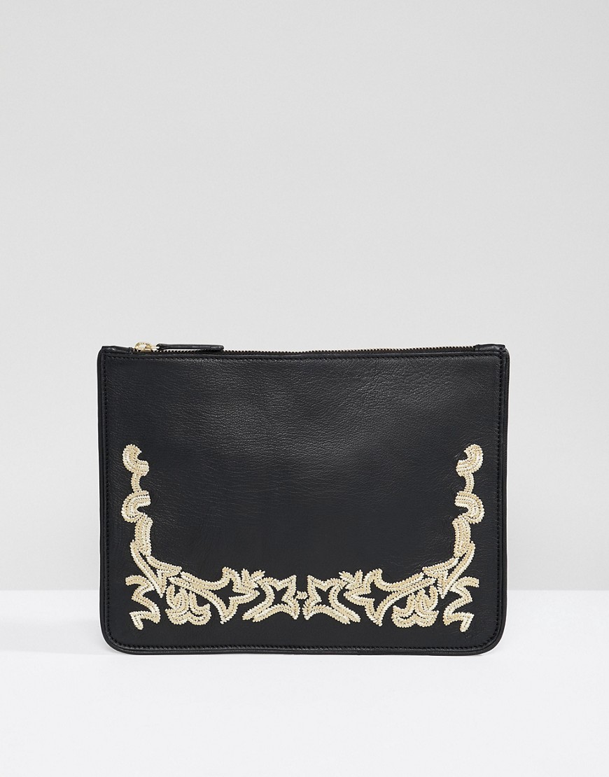ASOS EDITION leather clutch bag in black with gold embroidery