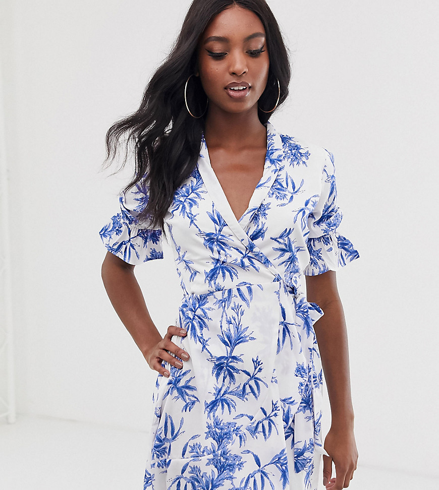 Influence Tall wrap front dress in porcelain floral print