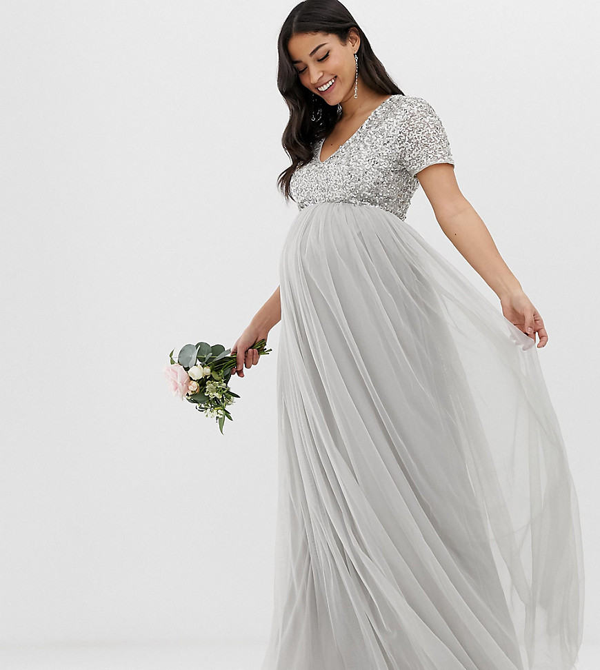 Maya Maternity Bridesmaid v neck maxi tulle dress with tonal delicate sequins in silver