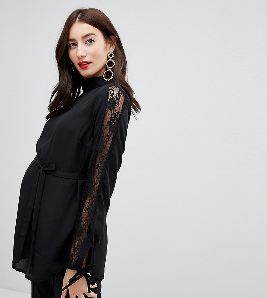Mamalicious maternity lace sleeve high neck top in black