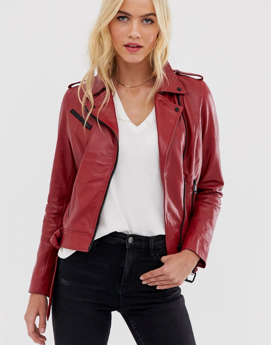 Barney's Originals coloured leather biker jacket in red