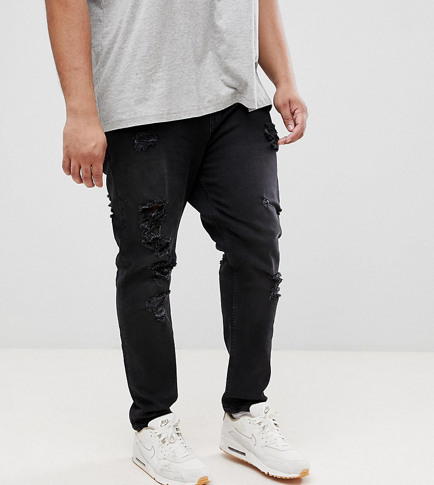 ASOS PLUS Tapered Jeans In 12.5oz In Washed Black With Heavy Rips - Washed black