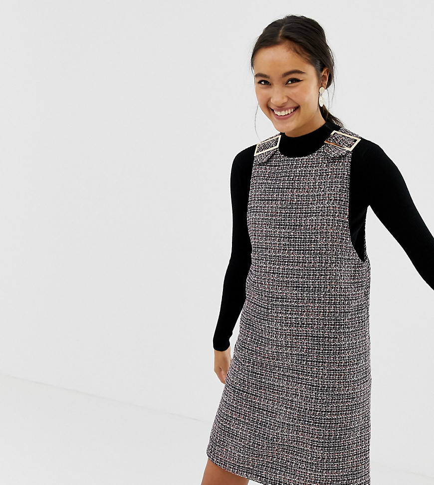 New Look buckle detail pinny dress in boucle