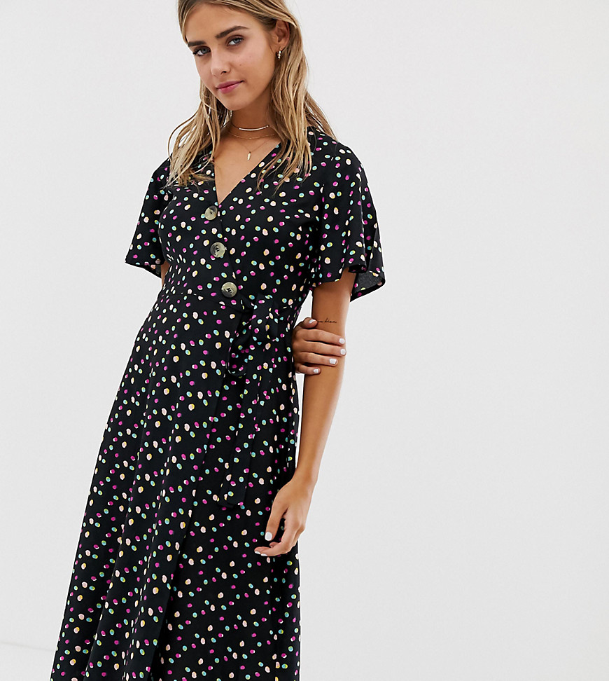 Wednesday's Girl midi tea dress with faux horn buttons in scattered spot