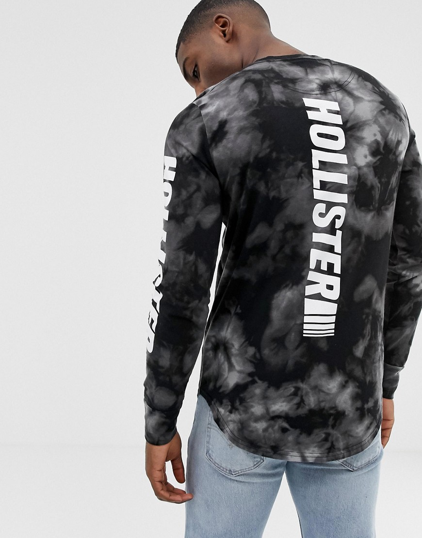 Hollister back and sleeve logo tai dye long sleeve top in black