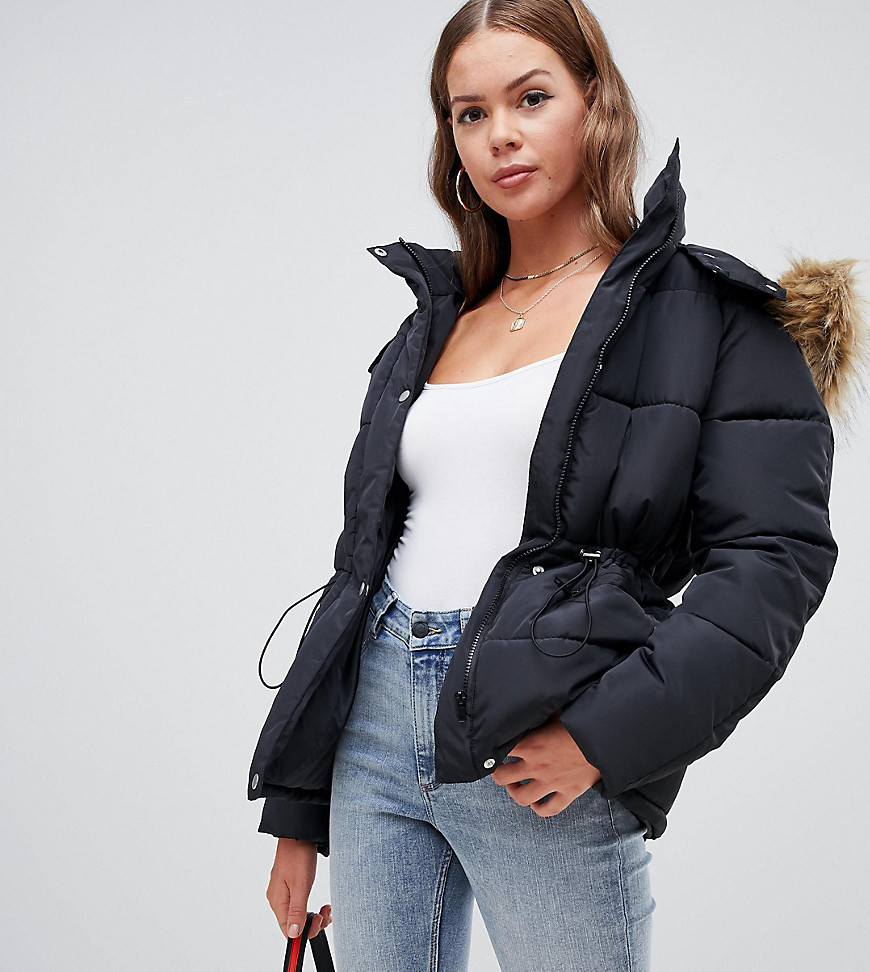 Boohoo padded coat with fur trim and waist detail in black