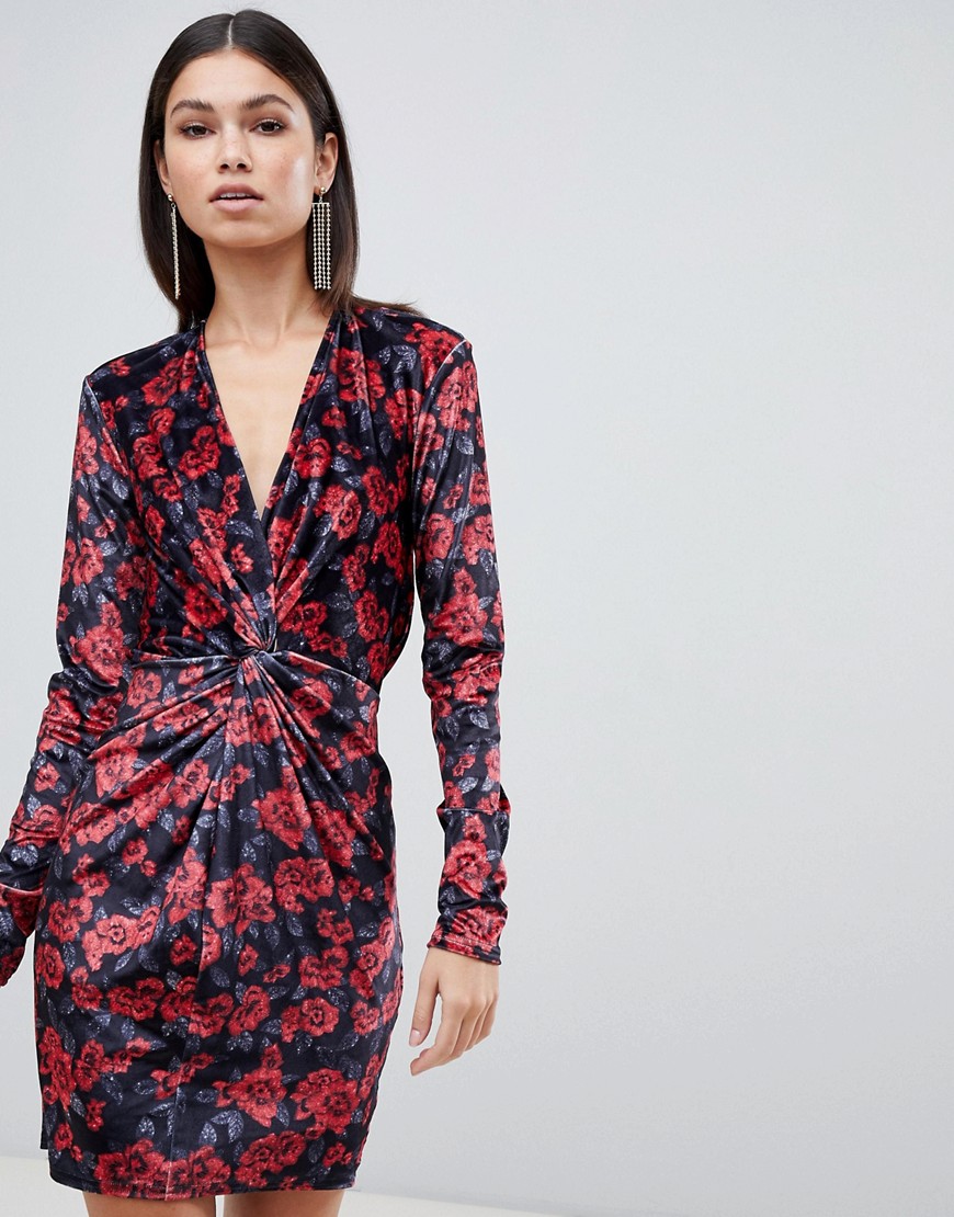 Club L floral printed knot front mini dress in velvet