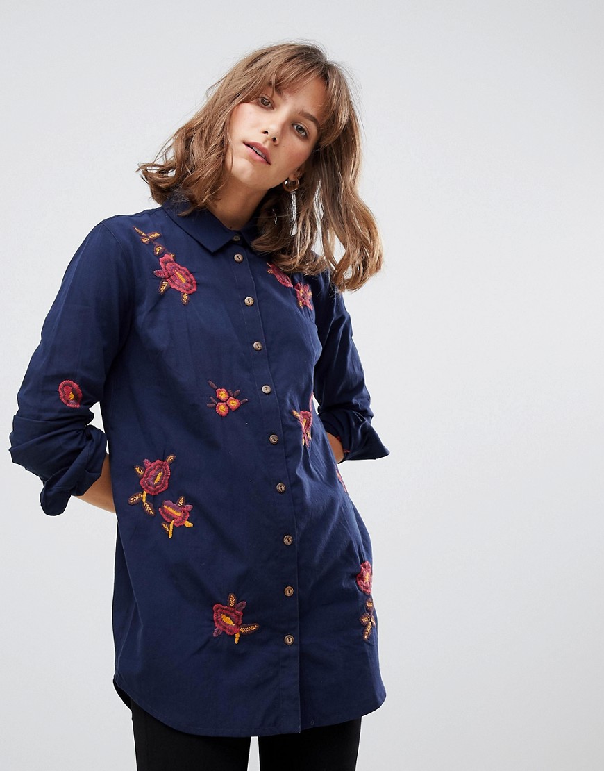 People Tree Longline Shirt With Floral Embroidery And Coconut Buttons