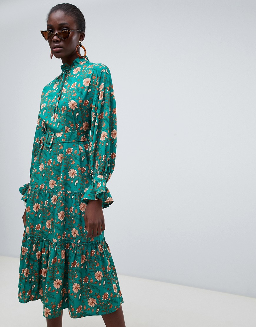 Vero Moda Green Floral Prairie Midi Dress With Belt - Multi