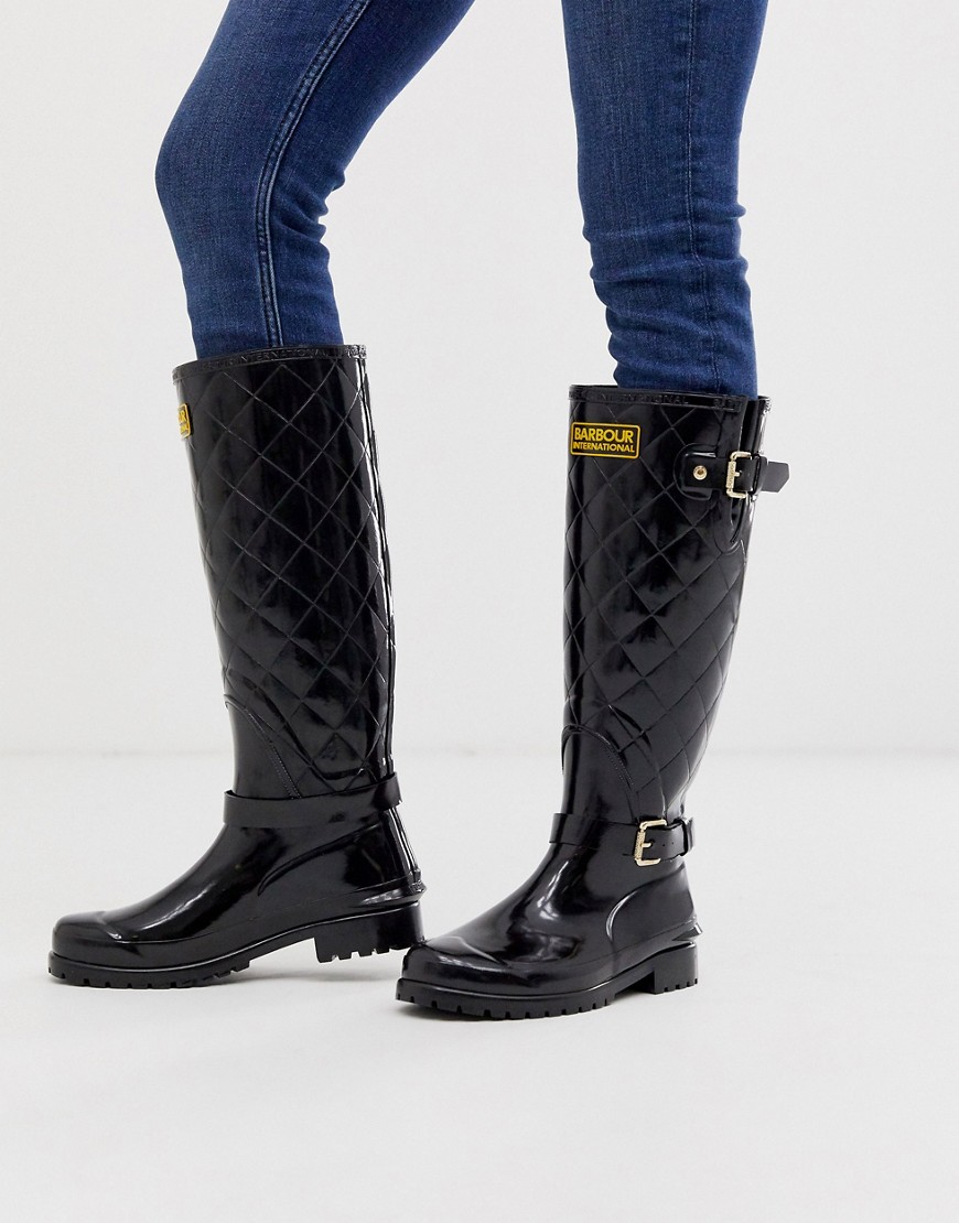 Barbour International high gloss quilted wellies with buckle details