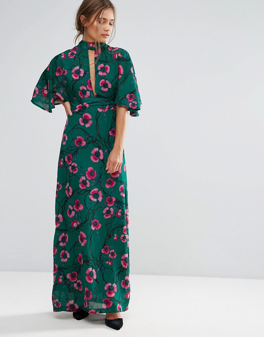 Liquorish Kimono Sleeve Floral Print Maxi Dress