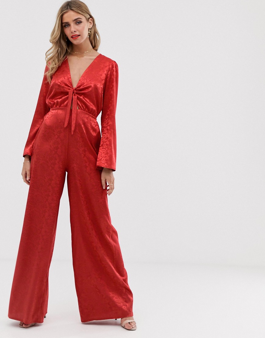 Twisted Wunder tie front jumpsuit in satin jacquard in red