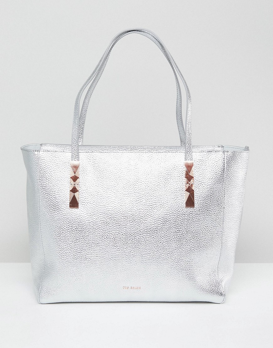 TED BAKER SOFT LEATHER TOTE WITH ZIP - SILVER,143195