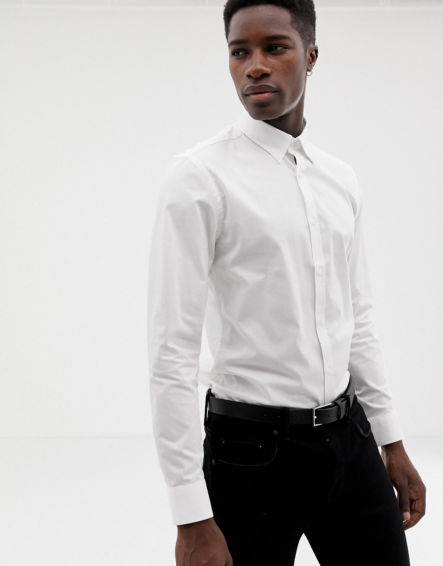 Moss London long sleeve stretch skinny shirt with button down collar