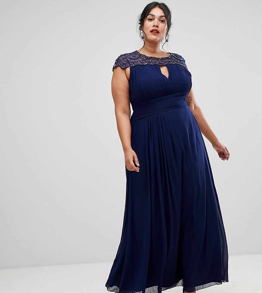 Little Mistress Plus embellished top maxi dress in navy