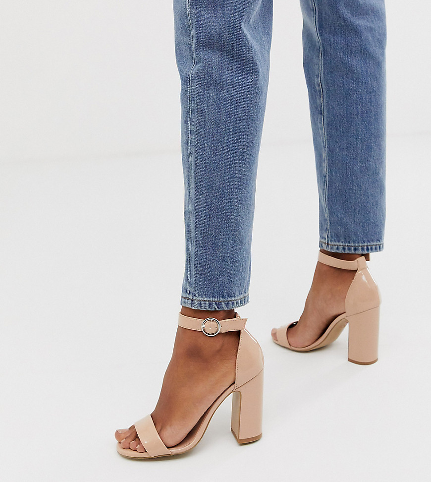 New Look barely there block heeled sandal in beige patent