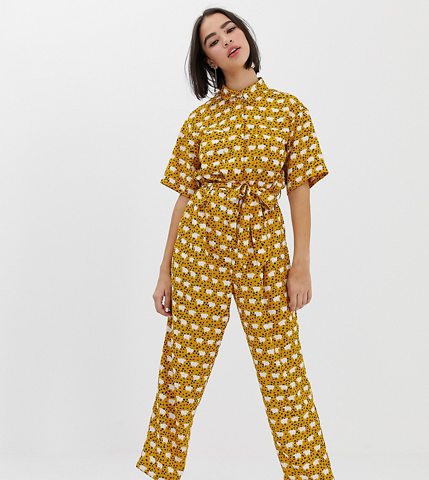 Monki jumpsuit with tie front in yellow sheep print