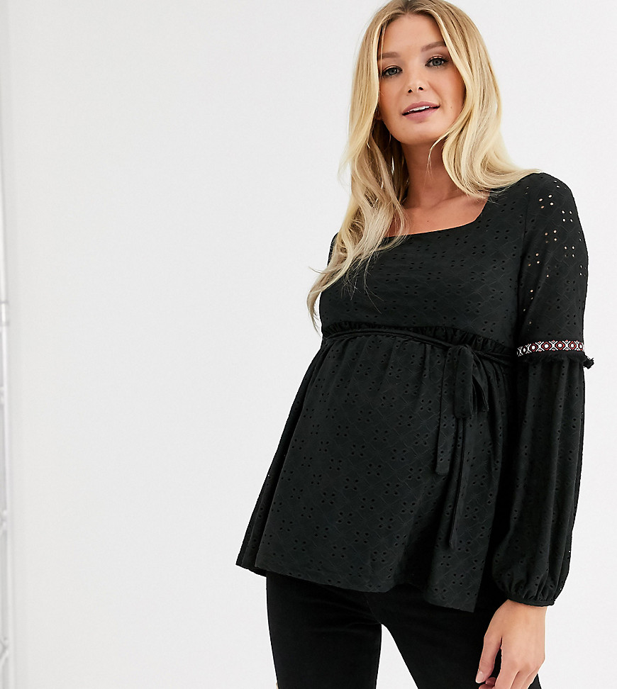 Mamalicious Maternity broderie smock top with square neck in black