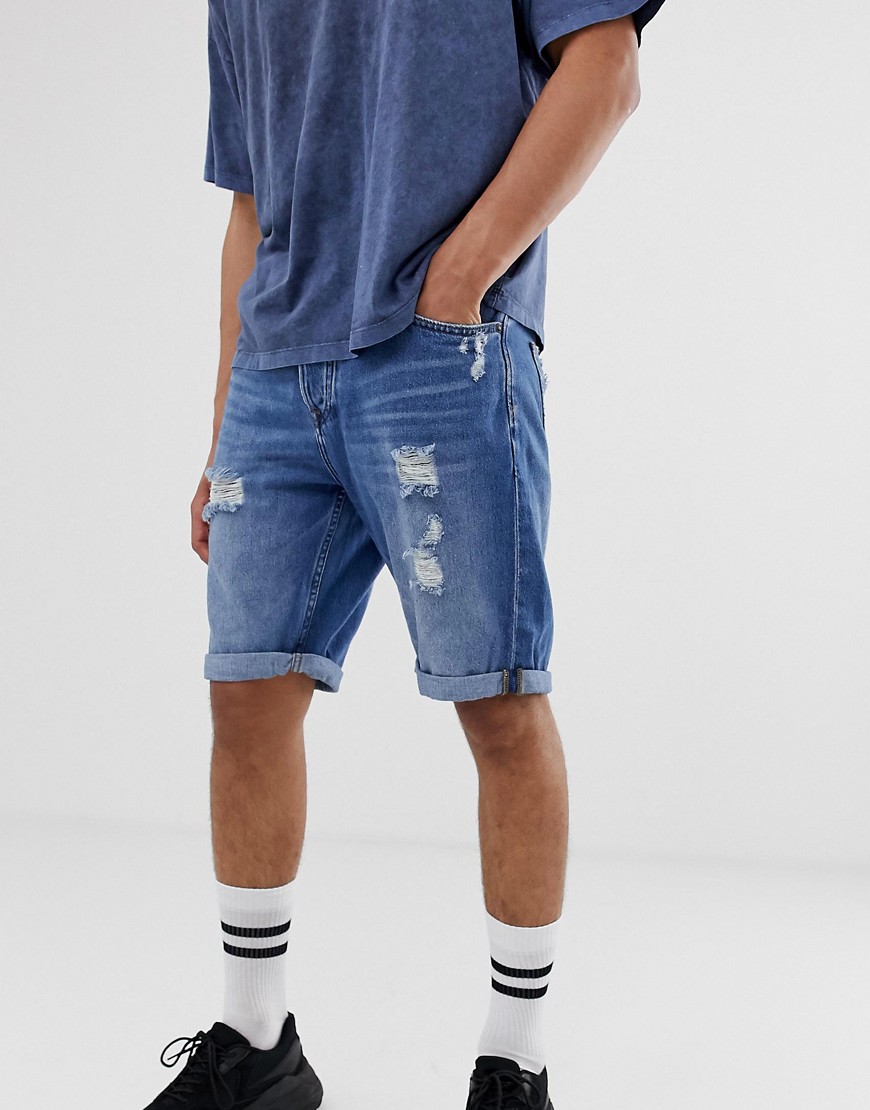 Only & Sons abrasion detail denim shorts in mid blue