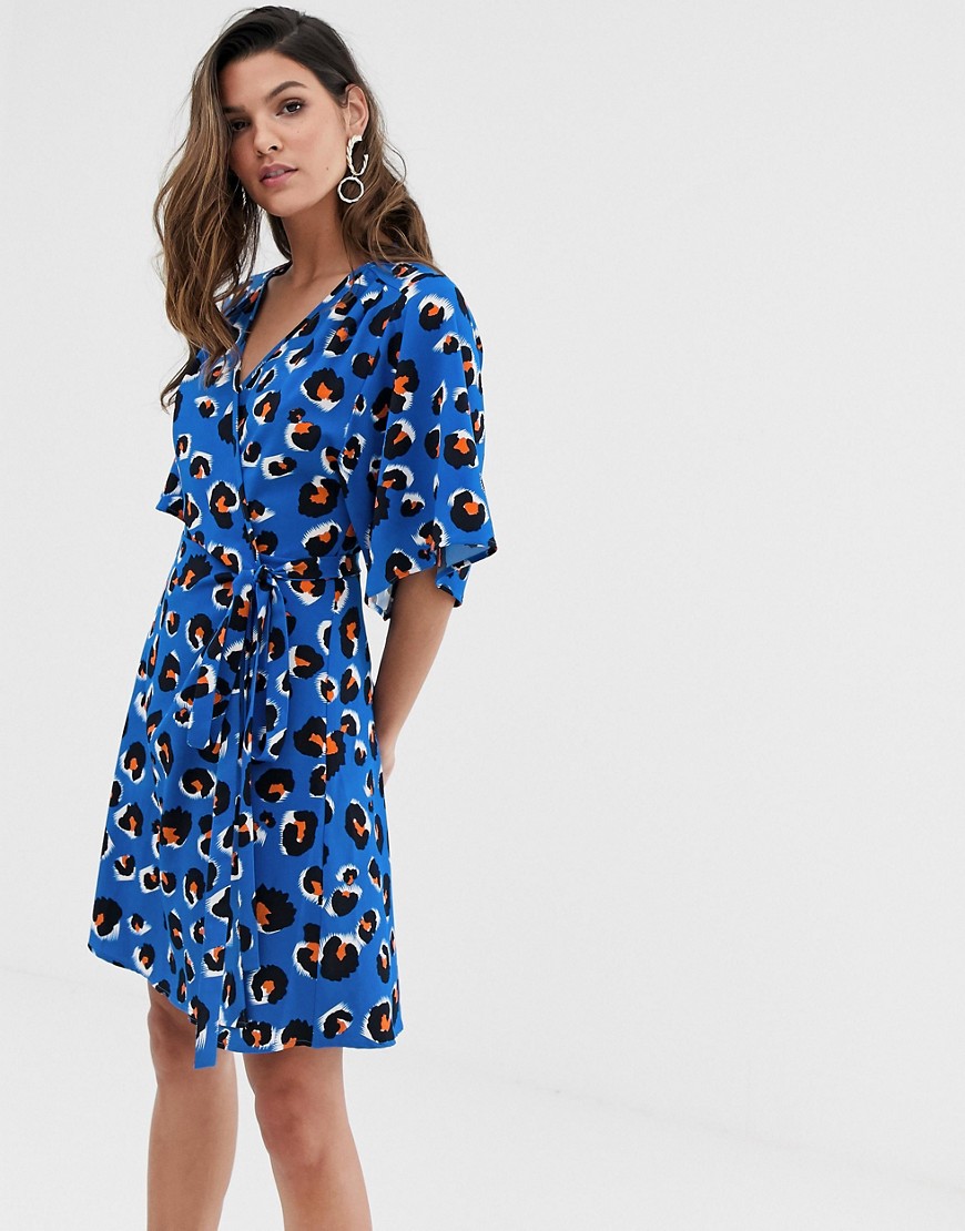 Liquorish kimono sleeve mini dress in blue leopard