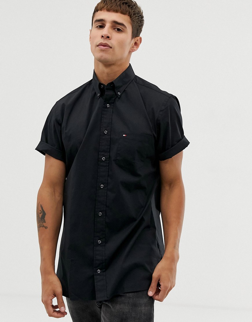 Tommy Hilfiger short sleeve button down poplin shirt stretch fit with pique flag logo in black