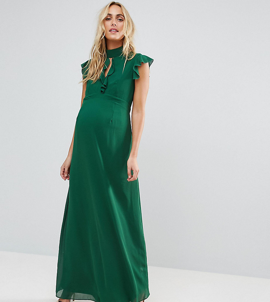 TFNC Maternity WEDDING Flutter Sleeve Fitted Maxi Dress in Chiffon - Forest green
