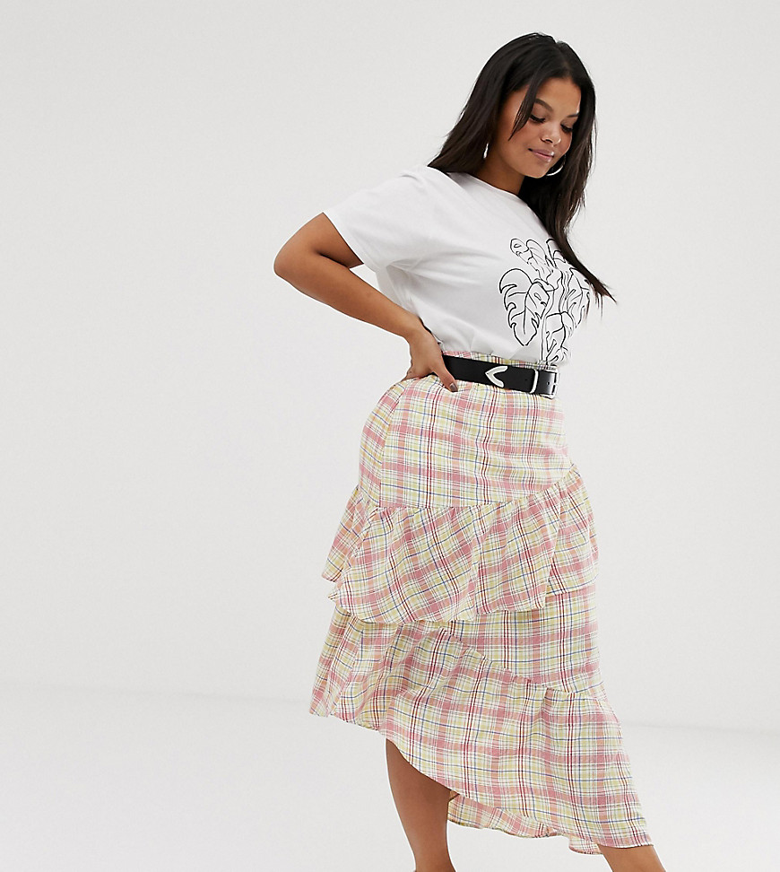 Glamorous curve midi skirt with ruffle in grid check