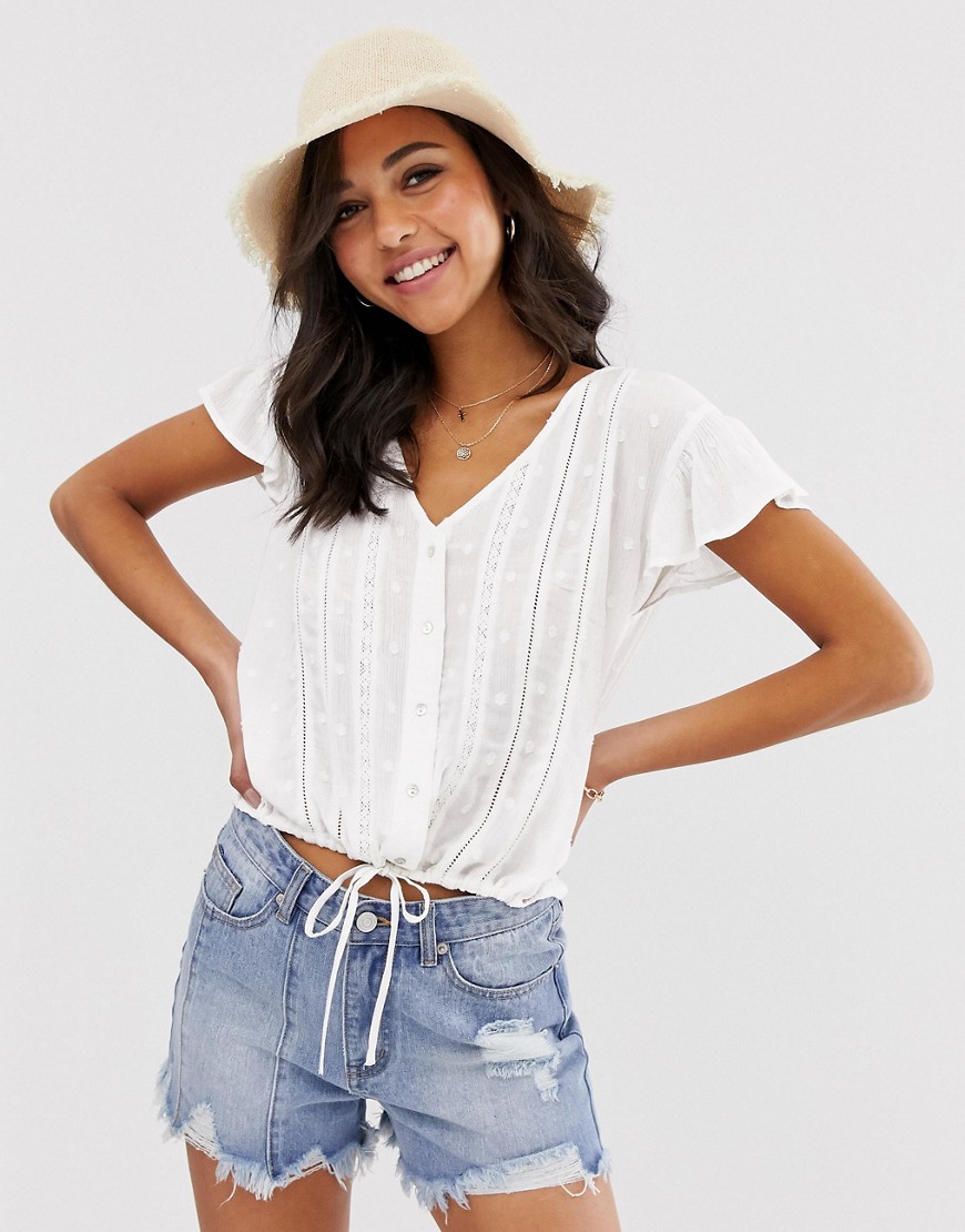 Stradivarius lace detail blouse with waist cord in white