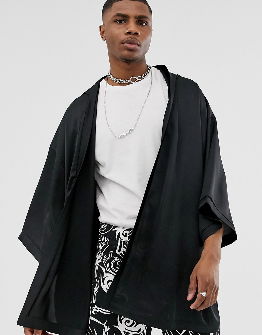 Asos Design Black Satin Kimono With Hood | ModeSens