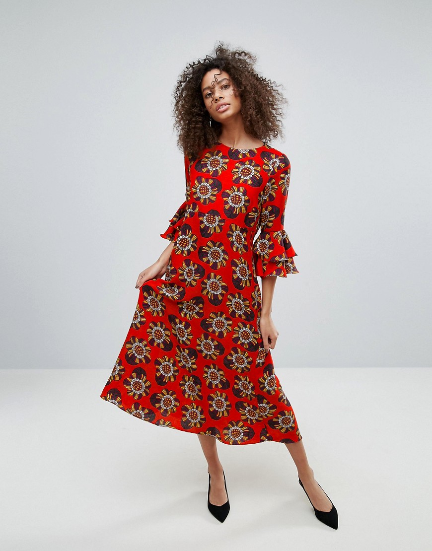 Traffic People Floral Print Maxi Dress With Frill Sleeve - Red