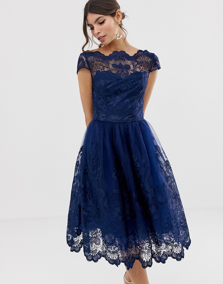 Chi Chi London premium lace midi dress with cap sleeve in navy