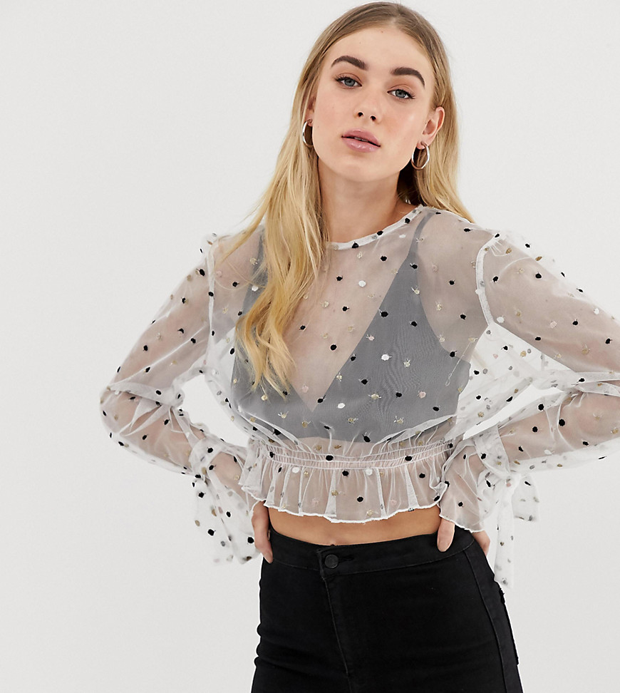 UNIQUE21 sheer cropped top with tie up balloon sleeves