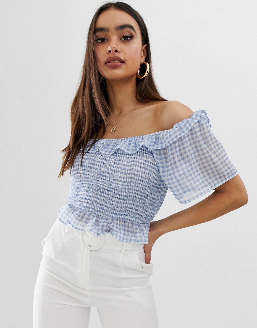 Fashion Union bardot ruched crop top in gingham