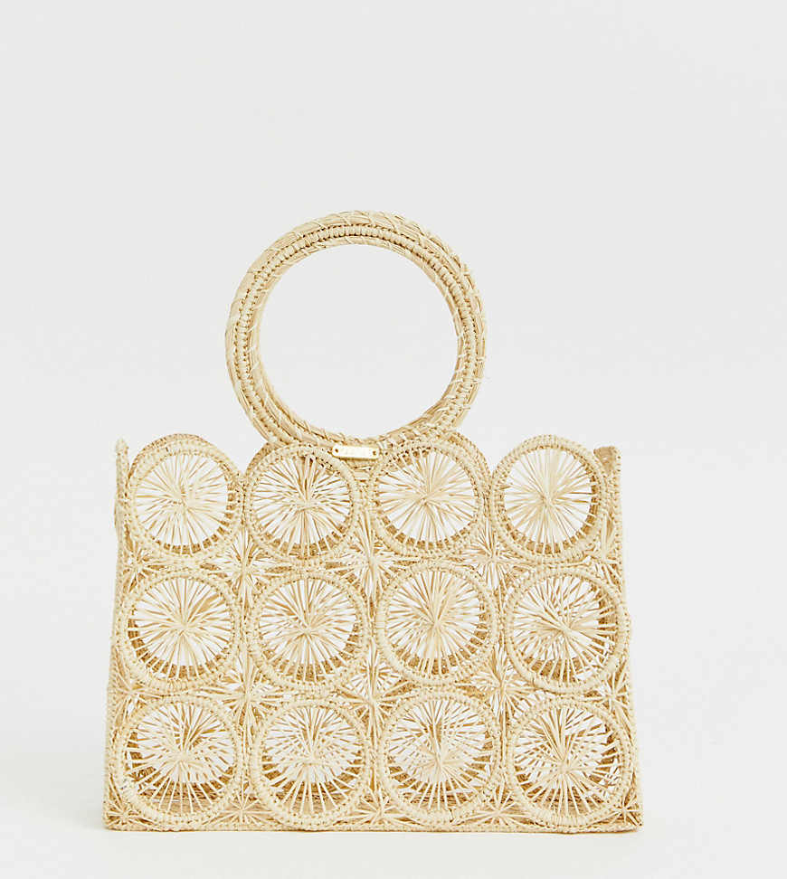 KAANAS woven raffia circle handle detail clutch bag in natural