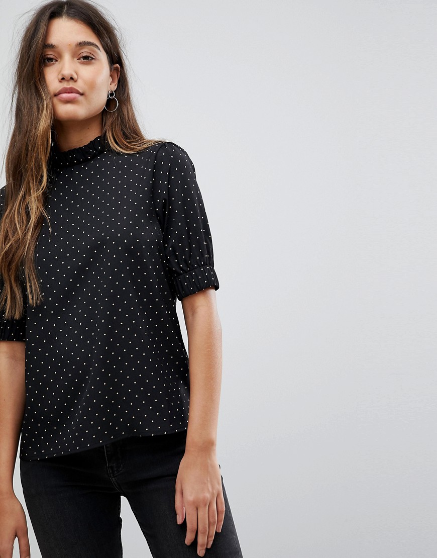 Fashion Union High Neck Blouse In All Over Spot Print - Black