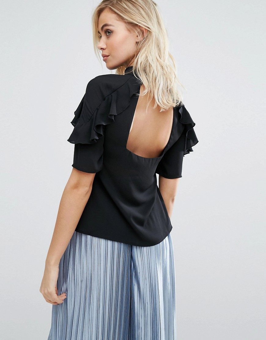 Fashion Union Shirt With Frills And Open Back - Black