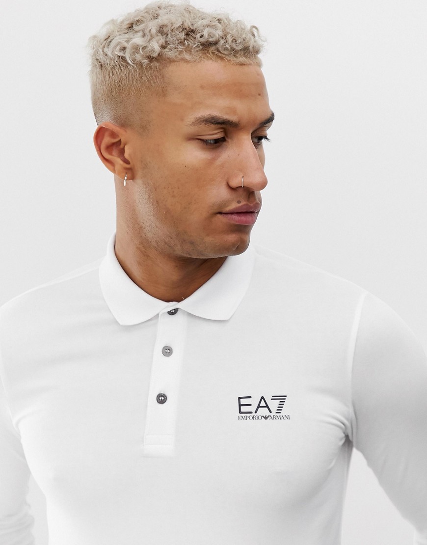 EA7 logo long sleeve polo in white