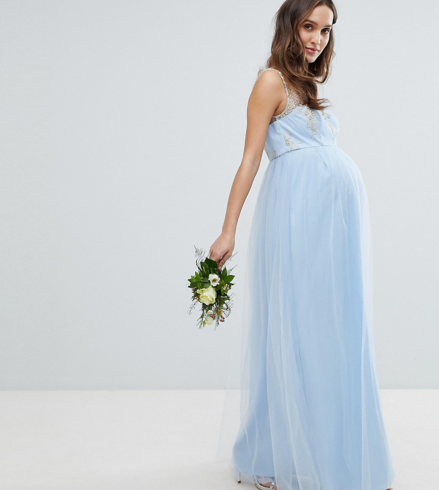 Chi Chi London Maternity Bardot Neck Sleeveless Maxi Dress with Premium Lace and Tulle Skirt