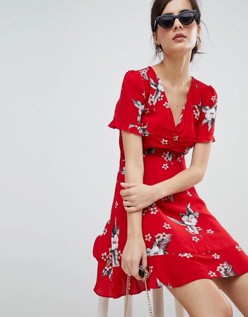 Oasis Floral Print Ruched Front Tea Dress - Multi red