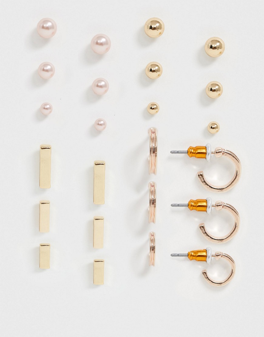 Asos Design Pack Of 12 Earrings With Ball And Pearl Studs And Hoops In Gold Tone