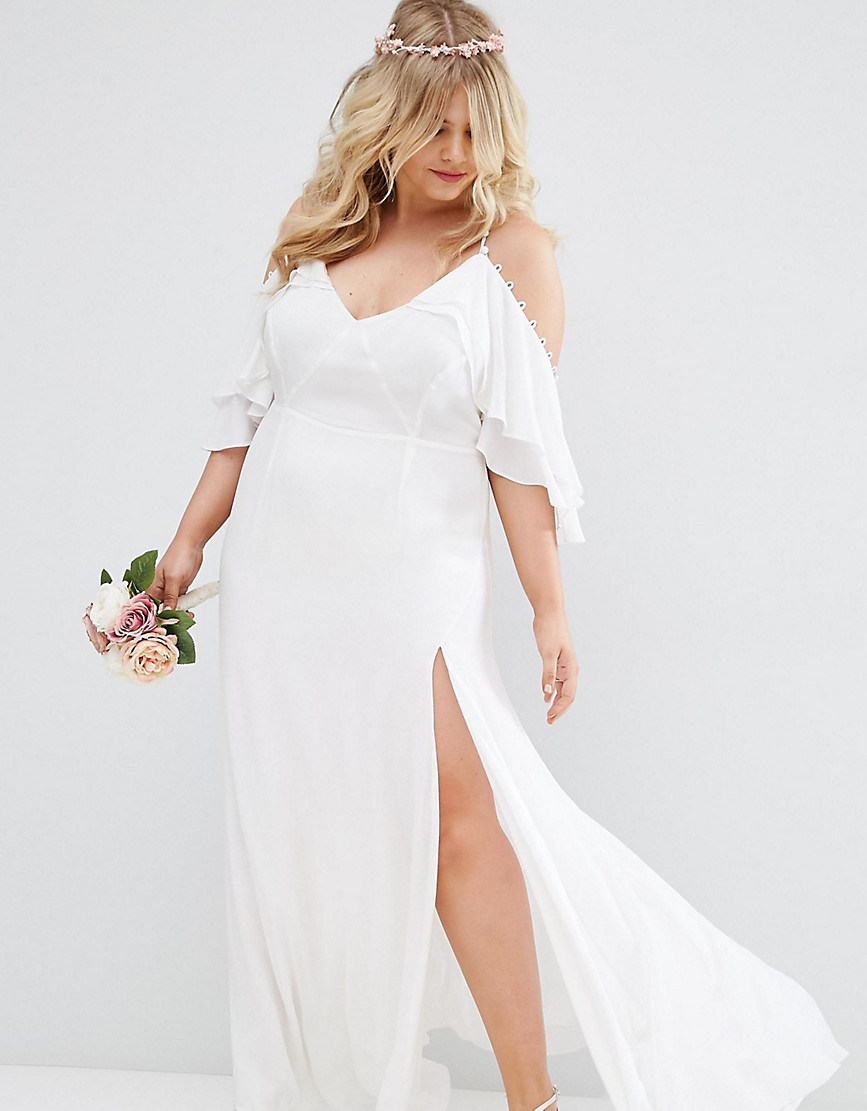 ASOS CURVE Bridal Button Ruffle Maxi Dress With Cold Shoulder - White