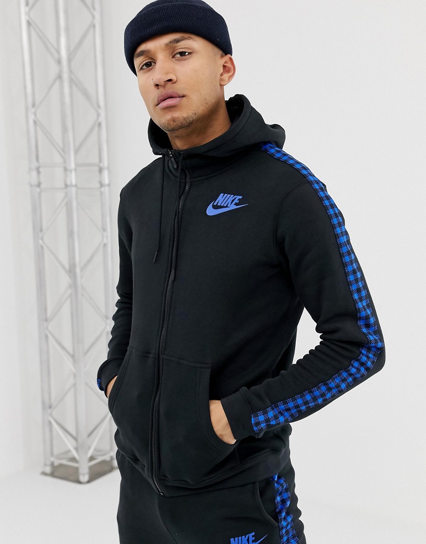 Nike Hoodie With Gingham Check Taped Side Stripe In Black BQ0678-010
