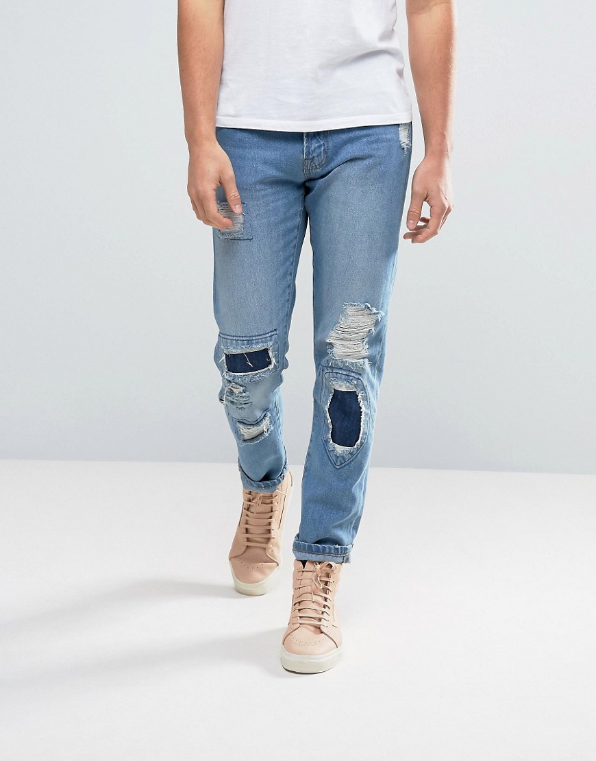 Waven Tapered Fit Jeans in Quarry Blue with Patchwork - Blue