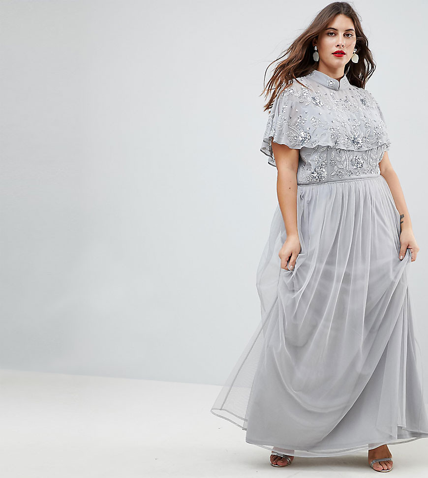 Frock And Frill Plus Premium Embellished Top High Neck Maxi Dress - Grey/silver